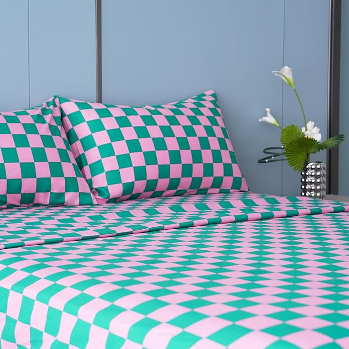 Best Season Queen Size Sheet Set 4 Piece -Microfiber Soft Durable Bedding Sheet Set,Deep Pocket,Stain,Fade & Wrinkle Resistant (Plaid Pink&Green)
