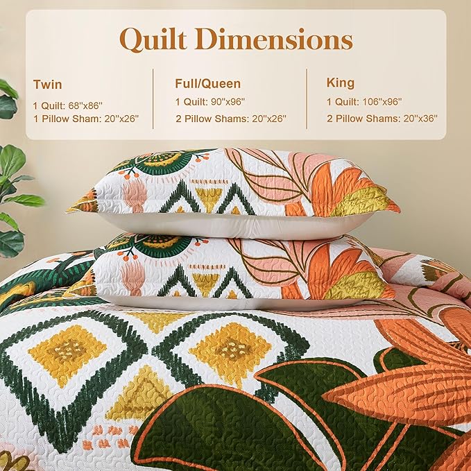 3 Piece Boho Floral Californial King Size Quilt Sets Farmhouse Reversible Lightweight Bedspread Coverlet with 2 Shams Mid Century Leaves Microfiber Bedding Quilts Set for All Season, 118''x106''