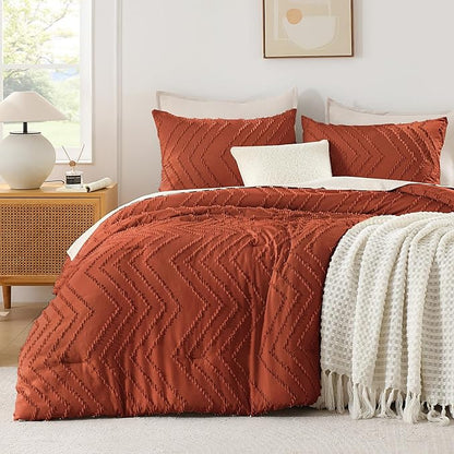 Andency Burnt Orange Comforter for Queen Size Bed, Boho Terracotta Soft Warm Bedding Comforter Sets for Queen Bed, 3 Pieces Rust Chevron Tufted Aesthetic Microfiber Lightweight Comforter Set