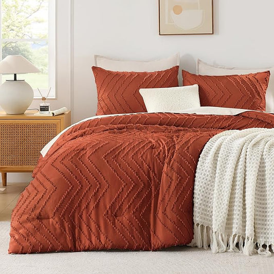 Andency Burnt Orange Oversized Queen Comforter Set, Boho Soft Warm Bedding Comforter Sets, 3 Pieces Aesthetic Chevron Farmhouse Cute Bohemian Textured Bed Set