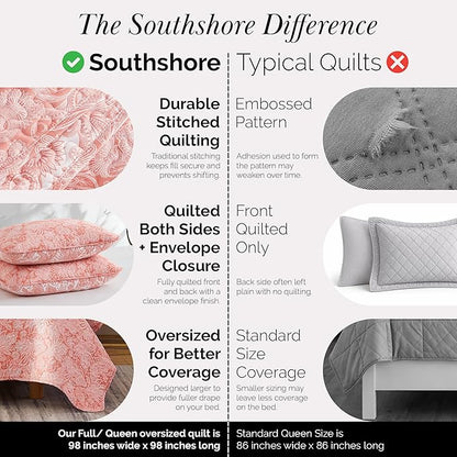 Southshore Fine Living, Inc. Paisley Quilt Queen Size Bedding Set, Summer Coverlet, Boho Bedspread, 3-Piece Farmhouse Bedding with Two Matching Pillow Shams, Full/Queen Bed Set, Reversible Coral