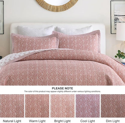 SahSahCasa Quilt Set Queen Size, 100% Cotton Quilt Bedding Set Bedspread, Botanical Pattern Solid Color Chic Lightweight Quilted Comforter for Queen Bed, White/Old Rose, All Season, 3 Pieces