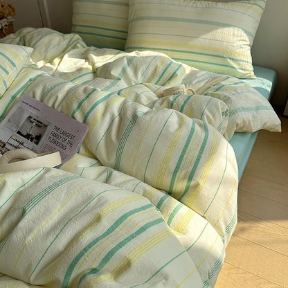 EAVD Vintage Striped Comforter Set Full Soft Cotton 3-Piece Boho Bedding Set with 2 Pillowcases Retro Yellow-Green Vertical Stripes Geometric Comforter Set for All-Season