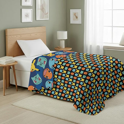 Northwest Pokémon Striped Favorites Quilted Throw Blanket – Oversized Blanket Featuring Pikachu, Charmander, Bulbasaur & Squirtle, Soft and Comfy for Bed, Couch, 60 x 80 Inches