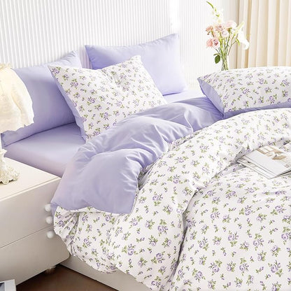 Wake In Cloud - Coquette Duvet Cover Set, Floral Cottagecore Flower Shabby Chic Cute Aesthetic, Soft Lightweight Bedding for Women Teen Girls, 3-Piece, White Purple, Twin/Twin XL Size