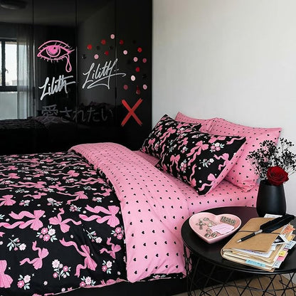 Black Pink Bow Comforter Set King Size, 3 Pcs Pink Ribbon Bowknot Reversible Comforter Love Heart Soft Microfiber Bedding Set with 2 Pillowcases, 104"x90"