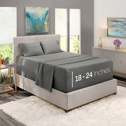 Nestl California King Size Sheet Set, 4 Piece Extra Deep Pocket (18-24 inches), Microfiber, Hotel Luxury, Soft, Breathable, Wrinkle-Free, Easy to Care, Grey