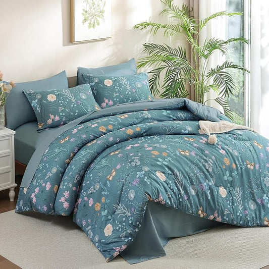 Yiran Queen Comforter Set, 7 Pieces Mineral Blue Floral Soft Bedding Sets, Queen Bed in a Bag with Botanical Flowers All Season Comforter, Sheets, Pillowcases & Shams