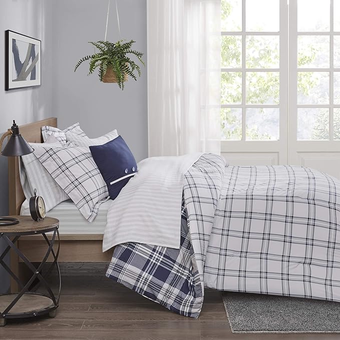 Madison Park Essentials Cozy Bed in A Bag - Reversible Comforter with Complete Sheet Set, Casual Plaid Cabin Design, All Season Cover, Decorative Pillow, Patrick Plaid Navy King(104"x92") 8 Piece
