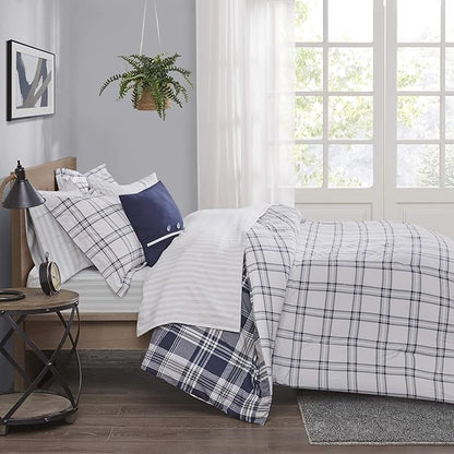 Madison Park Essentials Cozy Bed in A Bag - Reversible Comforter with Complete Sheet Set, Casual Plaid Cabin Design, All Season Cover, Decorative Pillow, Patrick Plaid Navy King(104"x92") 8 Piece