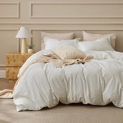 Bedsure 100% Washed Cotton Duvet Cover Twin Size - Ivory Minimalist Bedding Set Linen Like - PureWoven Plain Simple & Soft Comforter Cover for All Seasons, 2 Pieces (Ivory, Twin, 68"x90")