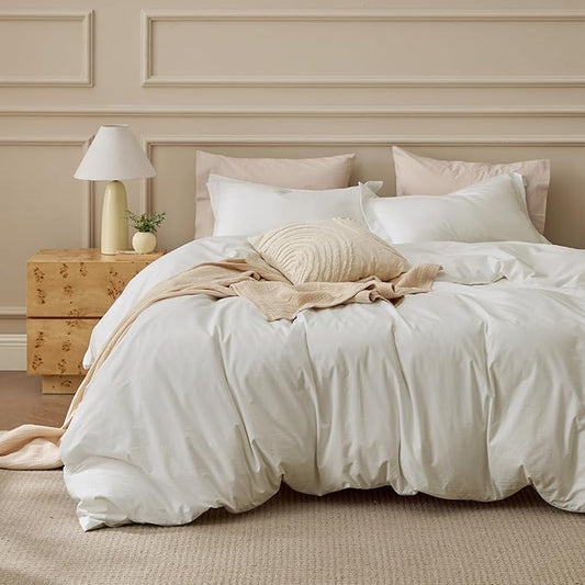 Bedsure 100% Washed Cotton Duvet Cover Queen Size - Ivory Minimalist Bedding Set Linen Like - PureWoven Plain Simple & Soft Comforter Cover for All Seasons, 3 Pieces (Ivory, Queen, 90"x90")