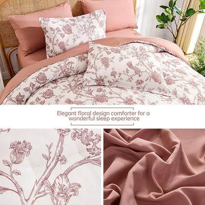 Luxudecor Floral Comforter Set King Size 7 Pieces, Blush Pink Flower with Bird Bed in a Bag, Soft Reversible Comforter with Sheet Bed Set 104"x90"