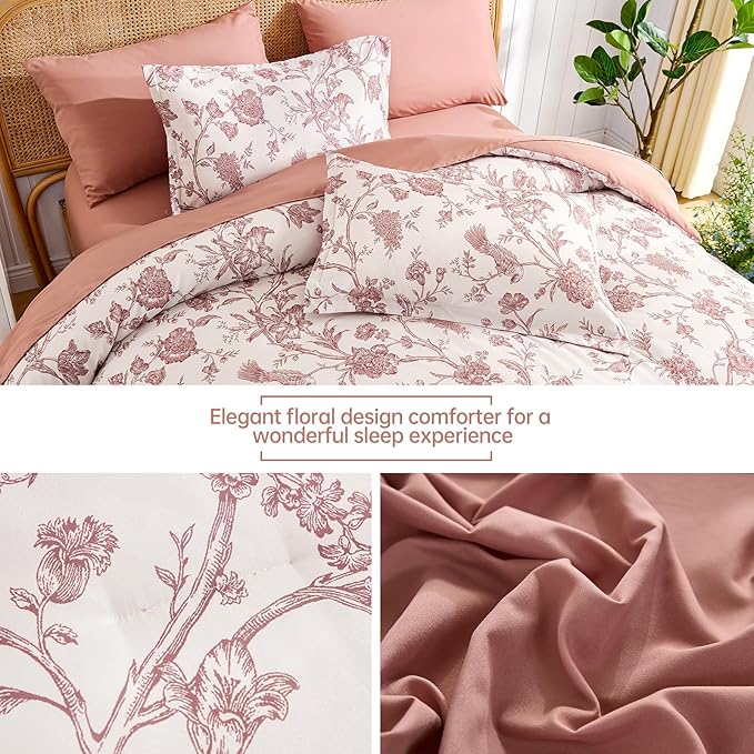 Luxudecor Floral Comforter Set Queen Size 7 Pieces, Blush Pink Flower with Bird Bed in a Bag, Soft Reversible Comforter with Sheet Bed Set 90"x90"