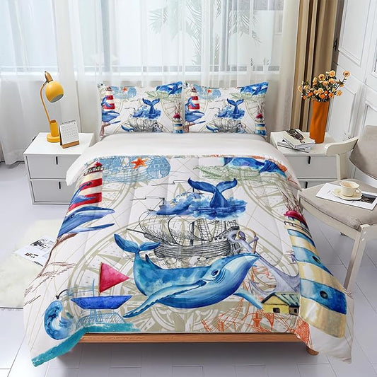 Nautical Whale Comforter Set Twin,Blue Whale Ocean Lighthouse 3 Pieces Bedding Set for Kids Boys Teens,Vintage Nautical Map Microfiber Lightweight Quilt Bedroom Decor with 2 Pillow Cases