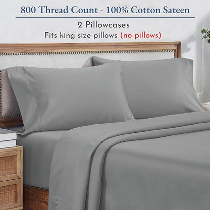 Heirloom Soft, Smooth & Thick Certified 800 Thread Count 100% Cotton Sateen, 2 Pillow Cases King Size, Fits King Pillows (Light Grey)
