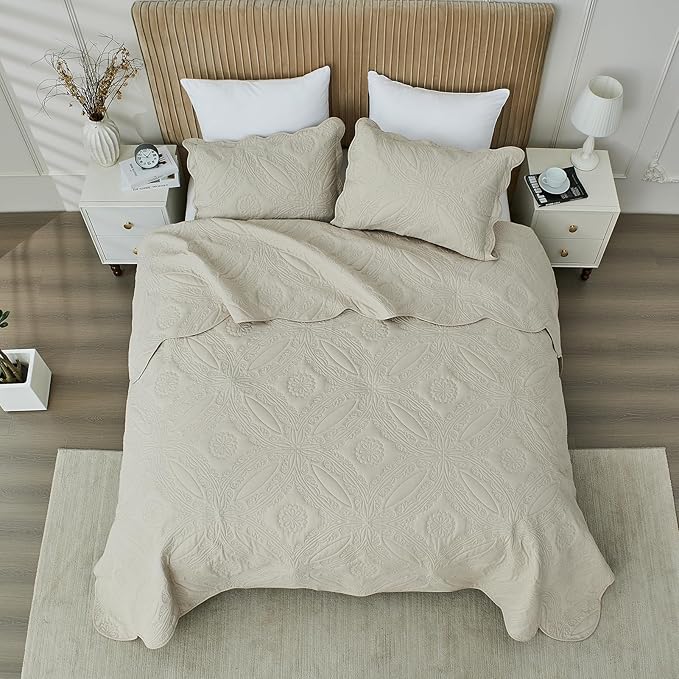 Kingnex Oversized King Bedspreads 128x120 for Extra Wide Tall King or Cal King Bed Ultrasonic Quilted Coverlet Set 3 Piece Include 1 Quilt 2 Pillowcases Beige