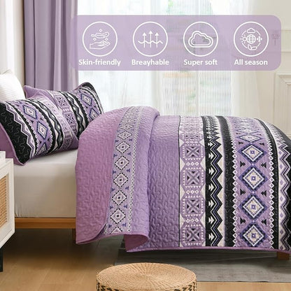WONGS BEDDING 3 Pieces Quilt Set Queen Size, Purple Quilt Bedspread Lightweight Bohemian Coverlet Set with 2 Pillowcase, Soft Geometry Printed Bedding Set Queen for All Season 96"×90"