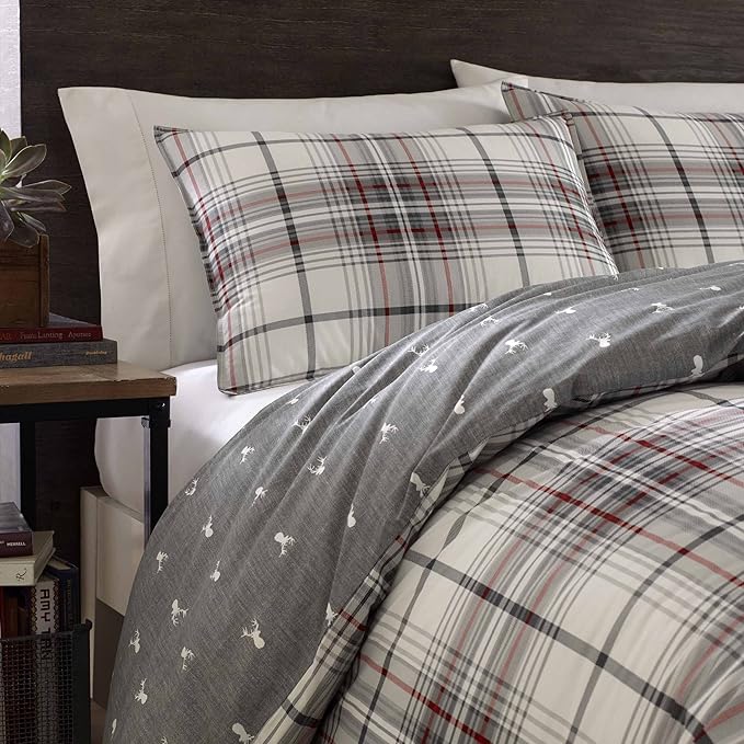 Eddie Bauer - Twin Comforter Set, Reversible Bedding with Matching Sham, Medium-Weight for Year Round Use, Dorm Essentials (Alder Grey/Red)
