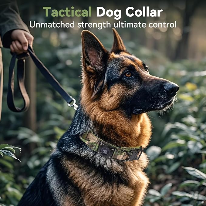 2026 Upgrade Waterproof Tactical AirTag Dog Collar, Built in AirTag Holder | Comfortable Control Handle, Quick Release Metal Buckle, Durable 1000D Nylon, For Medium to Large Dogs, Camouflage, M