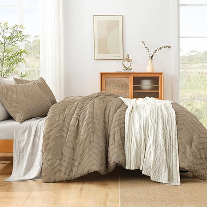 Litanika Comforter Super King Plus Size Set Taupe, 3 Pieces Chevron Tufted Solid Bedding Comforter Sets, Fluffy Bed Set