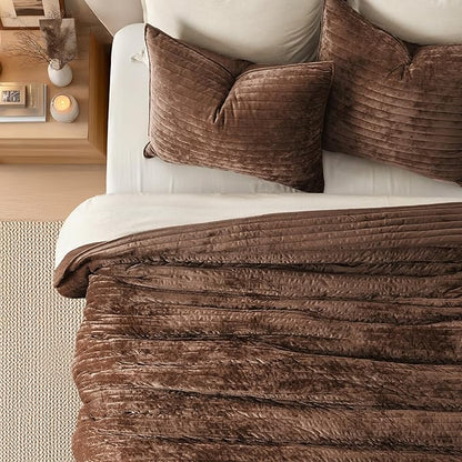 EVERGRACE Velvet Quilt Set King Size, Luxurious Soft Striped Channel Bedding Set, Lightweight Velvet Comforter for All Season, Oversized Bedspread Coverlet with 2 Matching Shams, Rust Brown