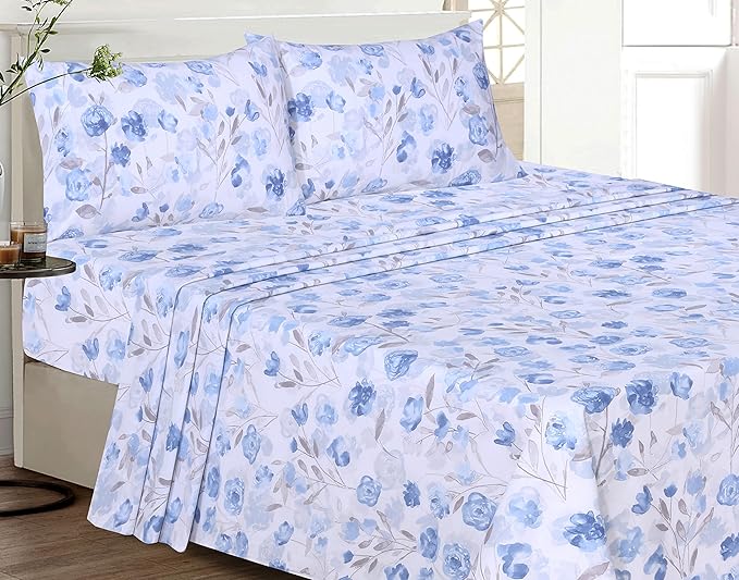 RUVANTI 100% Cotton Sheets – Full Size Percale Bedding, Cooling & Breathable Floral Design, Durable with a Crisp, Soft & Comfortable Feel, 16" Deep Pocket, 4-Piece Set, Monotones