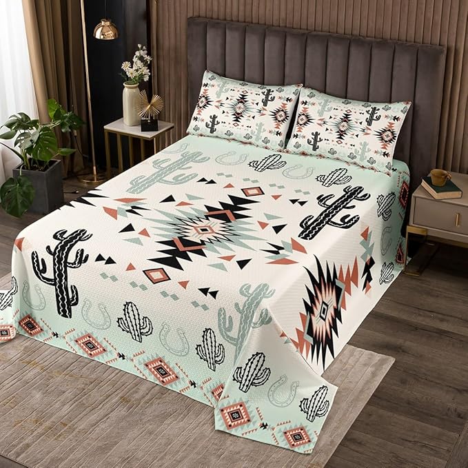 Geometric Aztec Kid Bedspread Queen Size,Horseshoe Cactus Western Cowboy Coverlet Set,Boys Girls Room Decor,Southwest Rustic Lodge Quilted Coverlet,Farmhouse Vintage Bedding Quilt,2 Pillowcases
