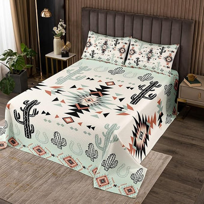 Manfei Geometric Aztec Kid Bedspread Twin Size,Horseshoe Cactus Western Cowboy Coverlet Set,Boys Girls Room Decor,Southwest Rustic Lodge Quilted Coverlet,Farmhouse Vintage Bedding Quilt,1 Pillowcase