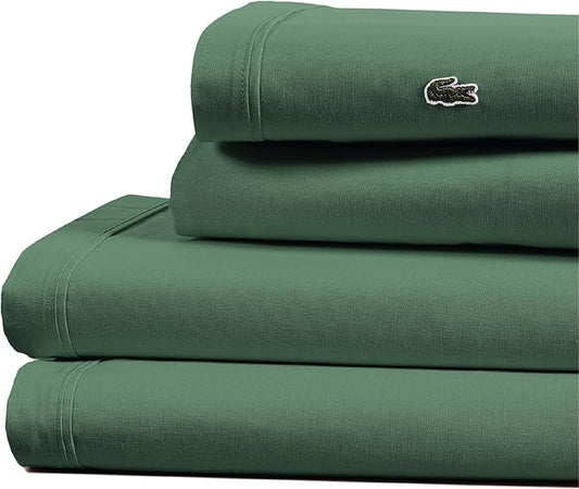 Lacoste 100% Cotton Percale 4-Piece Sheet Set – Cool, Crisp, Matte, and Durable, Oeko-Tex Certified – Solid, Green, Queen