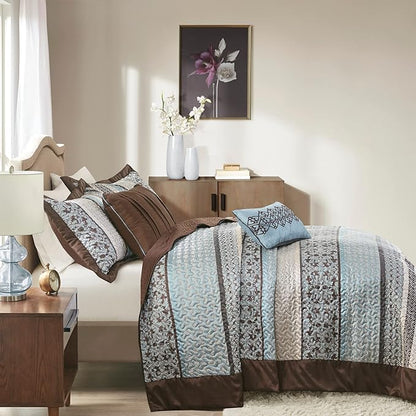 Madison Park Princeton Reversible Quilted Bedspread Set, Solid Reverse Summer Breathable, Lightweight All Season Bedding Layer, Matching Shams, Bedspread King(120"x118"), Blue 5 Piece