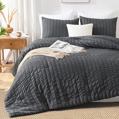 AveLom Seersucker Queen Comforter Set (90x90 inches), 3 Pieces- 100% Soft Washed Microfiber Lightweight Comforter with 2 Pillowcases, All Season Down Alternative Comforter Set for Bedding, Grey