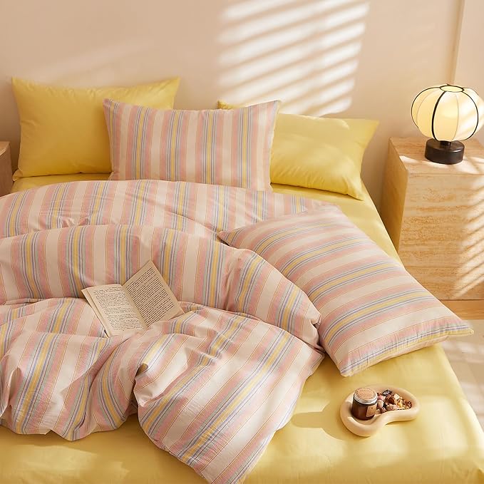 Pink and Yellow Striped Bed Comforter Queen Set Fluffy Down Alternative Bedding Set Cute Cozy Washed Cotton Bedroom Bedding Comforter Sets Boho Chic Soft Comfy Bed Comforter with 2 Pillowcases