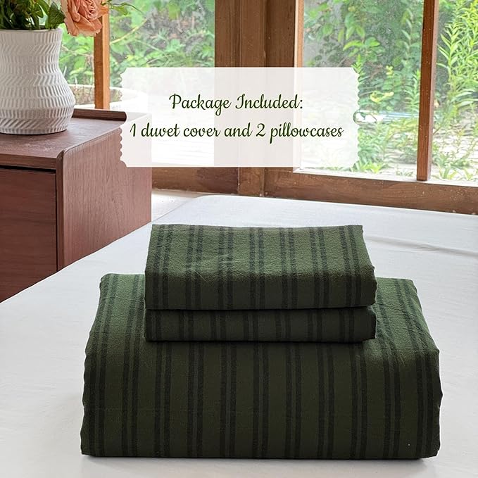 Striped Duvet Cover Set 100% Washed Cotton Linen Like Soft Feelling Breathable Bedding(Olive Green/Black Strip,King)