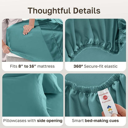 California Design Den 100% Cotton Sheets Full Size Set - Luxury 600 Thread Count Sateen Sheet Sets Full Size Bed with Deep Pockets - Teal Bed Sheets