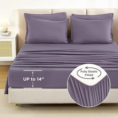 Litanika King Size Comforter Set Grey Purple - 7 Pieces Bed in a Bag King Bedding Comforter Sets, Solid Lightweight Bed Set with Comforter, Sheets, Pillowcases & Shams