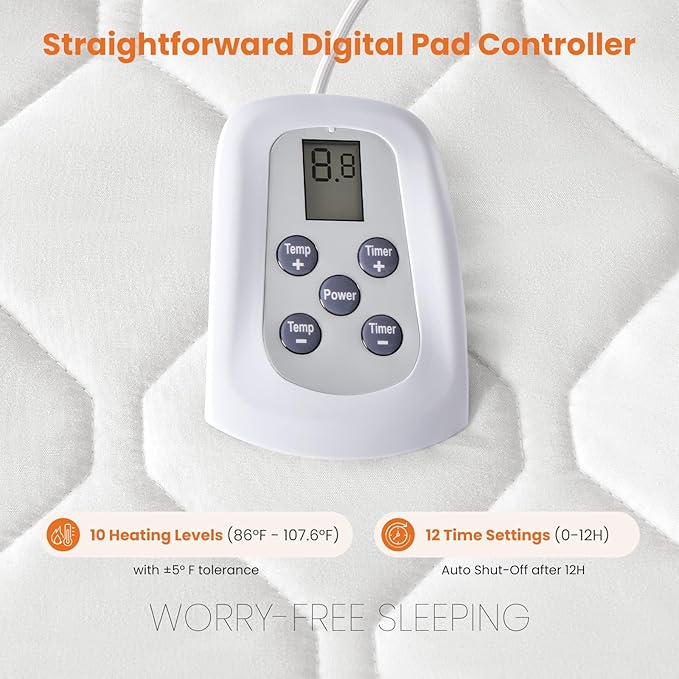 Sweetcrispy Heated Mattress Pad Queen Size (80×60″) – Dual Zone Electric Bed Warmer, 12 Adjustable Heat Settings, 12‑Hour Auto Shut‑Off, Machine Washable, ETL Certified