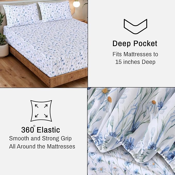 RUVANTI 100% Organic Cotton Sheets Split King, Percale Weave, GOTS Certified, 5-Piece Set, Deep Pocket 15", Crisp & Breathable, Soft Durable Bedding, Sábanas Algodón Orgánico – Daisy Bud