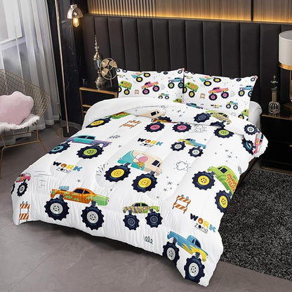 Kids Comforter Set for Boys,Cartoon Monster Car 3 Pieces Bedding Set King,Colorful Off-Road Vehicle All Season Soft Microfiber Down Alternative with 2 Pillowcases