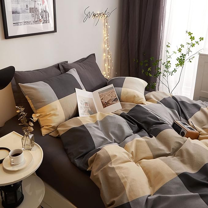 HighBuy Khaki Queen Comforter Set Buffalo Plaid Checkered Bedding Comforter Set Modern Style Gingham Comforter with 2 Pillow Shams Grid Pattern Bedding Comforter Queen for Boys Men All Season