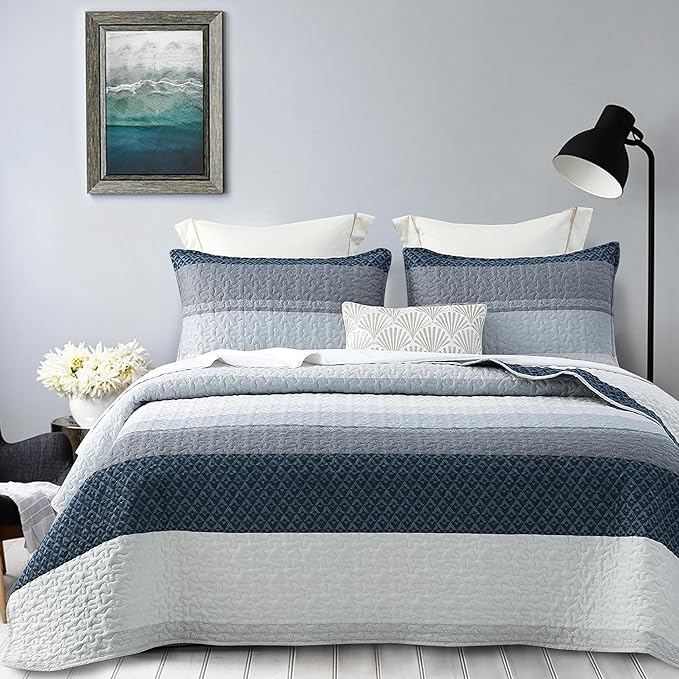 DURLENGEN Quilt Set California King Size 3Pcs,Soft Microfiber Lightweight Bedspread,Blue & Navy Striped Geometric Pattern Coverlet for All Season Layering(Cal King 112x104, Blue Patchwork)