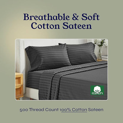 California Design Den - Luxury Bed Sheet Twin XL Soft 100% Cotton Sheets Deep Pockets, 500 Thread Count Sateen, 3-Pc Set, Damask Stripe Sheet Set, Twin XL Sheets (Grey - Striped)