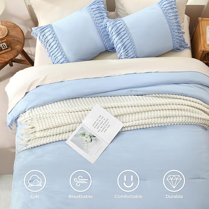 Andency Queen Comforter Set Light Blue, 3 Pieces Boho Lightweight Fall Bedding Comforter Sets, Tassel Bed Set (90x90In Comforter & 2 Pillowcases)