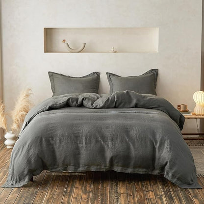 Simple&Opulence 100% Linen Duvet Cover Set with Crossed Embroidery Washed - 3 Pieces (1 Duvet Cover with 2 Pillow Shams) Soft Breathable Farmhouse -Cushing Green, King Size
