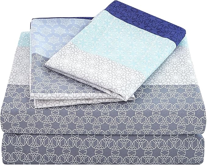 JSD Blue Striped Sheet Set King Size, 4 Piece Soft Printed Microfiber Sheet Set Extra Deep Pocket