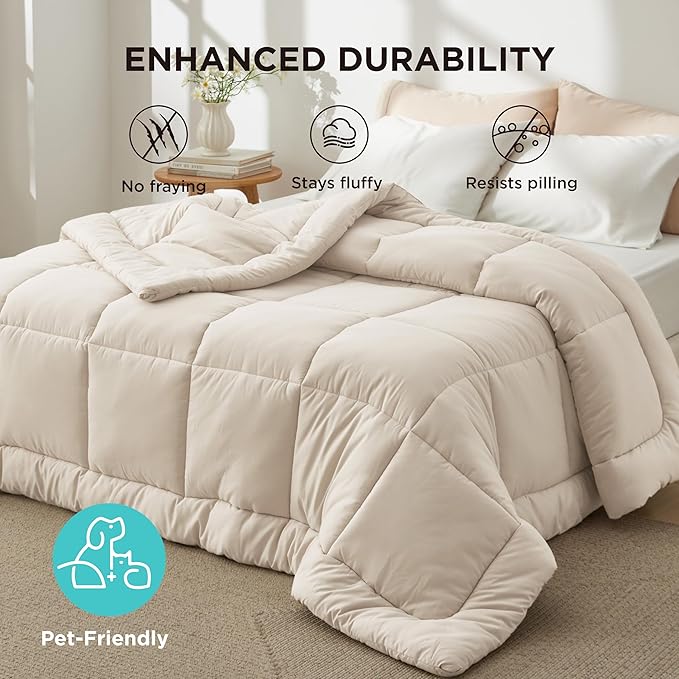Bedsure Comforter Duvet Insert - Quilted Comforters Full Size, All Season Duvet, GentleSoft Down Alternative Bedding Blanket, with 8 Tabs, Gifts for Women/Men, Linen, Full 86 x 82 Inches