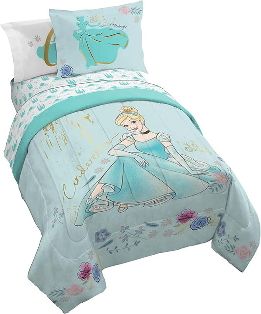 Jay Franco Kids Comforter Set Includes Sheets and Pillow Covers - Soft and Cozy Bed Set for Stylish Room Decor, Official Licensed Bedding, Blue - Princess Cinderella, 5 Piece Twin