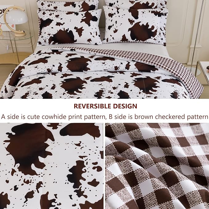 PERFEMET 3 Pieces Boys Twin Comforter Set, Brown White Cow Print Kids Bedding Set with Pillowcases, Geometric Reversible Western Style Bed Set for Teen Boy (Brown White, Twin)