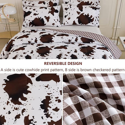 PERFEMET 3 Pieces Boys Twin Comforter Set, Brown White Cow Print Kids Bedding Set with Pillowcases, Geometric Reversible Western Style Bed Set for Teen Boy (Brown White, Twin)