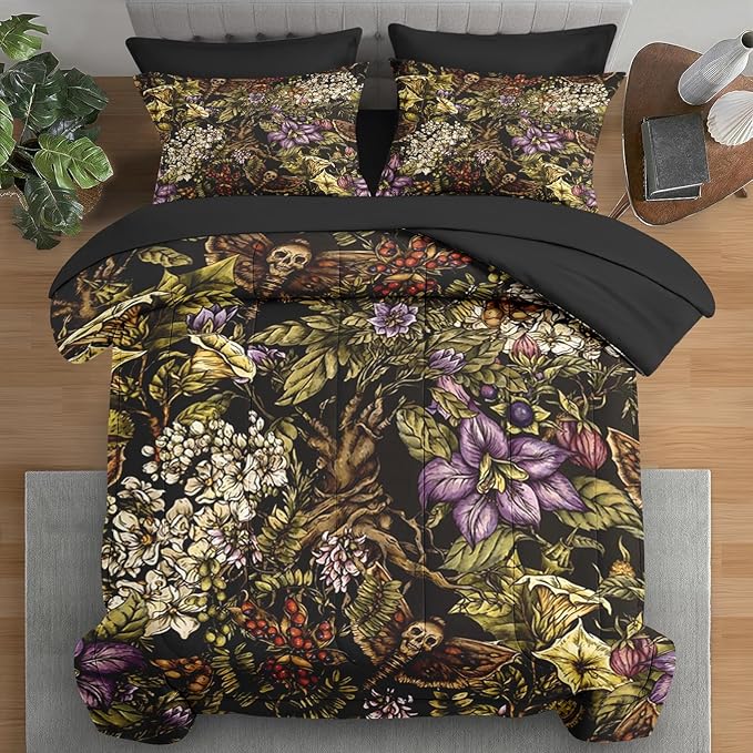 Comforter Set King Size, Vintage Flower Plants 7 Pcs Bedding for Kids and Adults, Moth Witch Bed Sheet Sets with Fitted Sheet 2 Pillowcases & 2 Shams for Bedroom Bed Decor